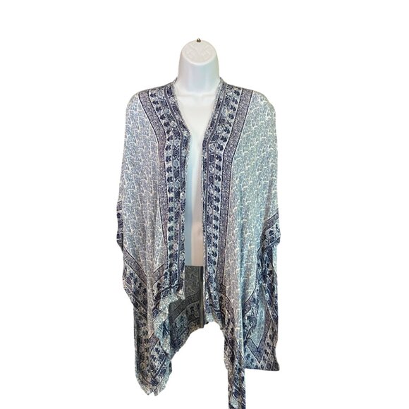 Bohemian Open Kimono Wrap One Size Blue White Handkerchief Festival Syle - Picture 2 of 8